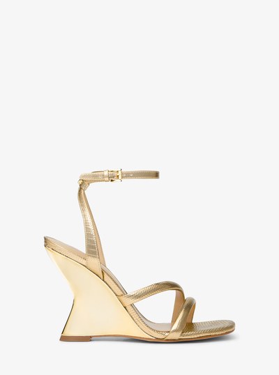 Nadina Metallic Lizard Embossed Leather Wedge Sandal