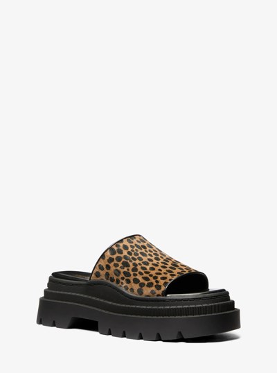 Kendra Cheetah Print Calf Hair Platform Slide Sandal in HUSK MULTI | Michael Kors