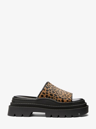 Kendra Cheetah Print Calf Hair Platform Slide Sandal in HUSK MULTI | Michael Kors