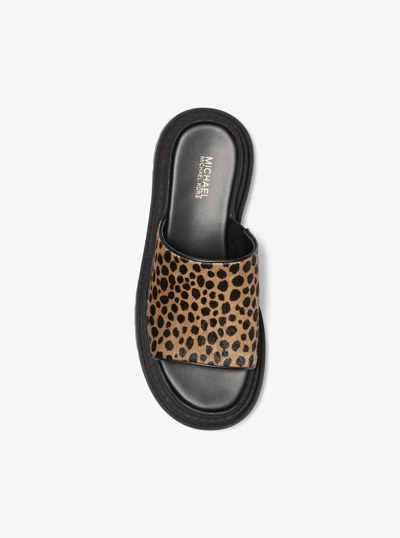 Kendra Cheetah Print Calf Hair Platform Slide Sandal in HUSK MULTI | Michael Kors