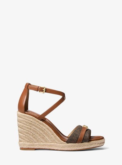 Mandy Signature Logo and Leather Wedge Sandal in BROWN/LUGGAGE | Michael Kors