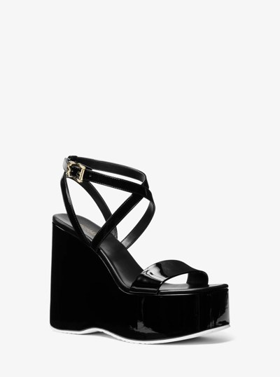 Paola Faux Patent Leather Wedge Sandal in BLACK | Michael Kors