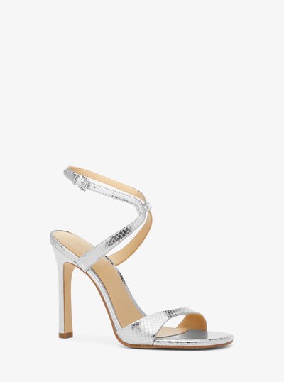 Amara Metallic Snake Embossed Leather Sandal in SILVER | Michael Kors