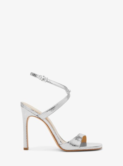 Amara Metallic Snake Embossed Leather Sandal in SILVER | Michael Kors