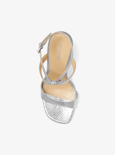 Amara Metallic Snake Embossed Leather Sandal in SILVER | Michael Kors