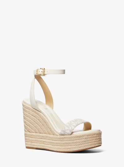Leighton Logo and Leather Wedge Sandal in VANILLA COMBO | Michael Kors