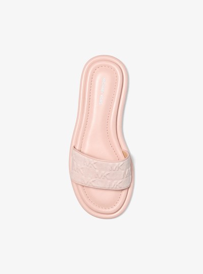 Dana Logo Embossed Denim Slide Sandal in ROSEWATER | Michael Kors