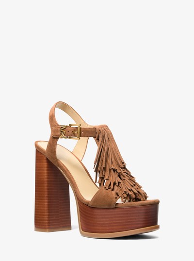 Indra Fringed Suede Platform Sandal in LUGGAGE | Michael Kors