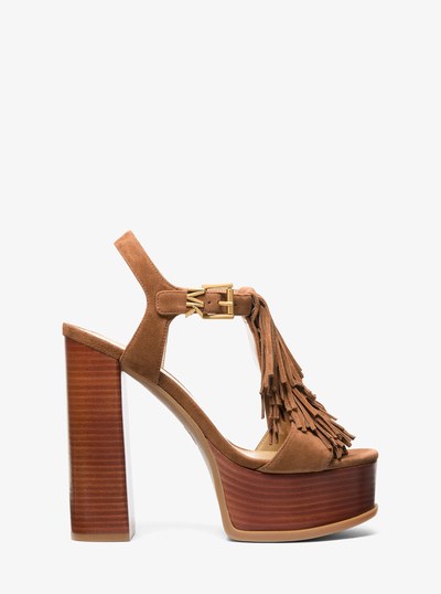 Indra Fringed Suede Platform Sandal in LUGGAGE | Michael Kors
