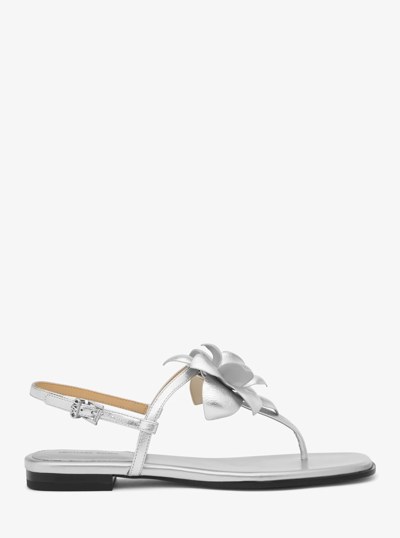 Jacie Floral Embellished Metallic Leather T-Strap Sandal in SILVER | Michael Kors