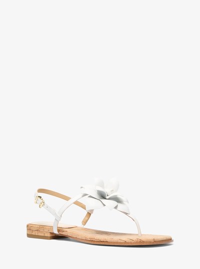 Jacie Floral Embellished Leather T-Strap Sandal in OPTIC WHITE | Michael Kors