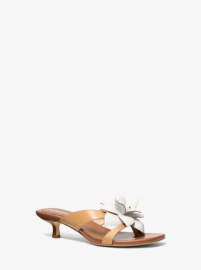 Jacie Floral Embellished Leather Kitten Heel Sandal in PEANUT | Michael Kors