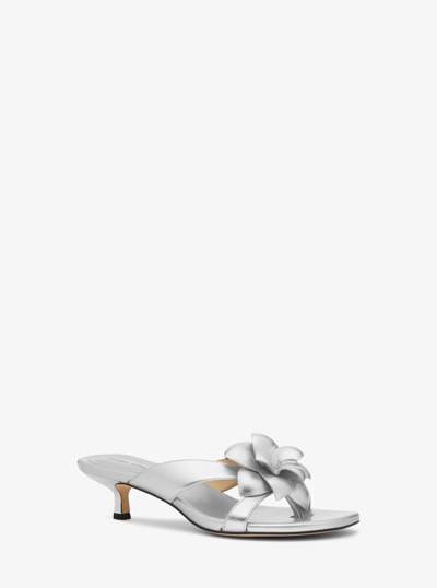 Jacie Floral Embellished Metallic Leather Kitten Heel Sandal in SILVER | Michael Kors