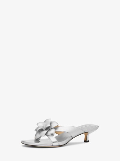 Jacie Floral Embellished Metallic Leather Kitten Heel Sandal in SILVER | Michael Kors