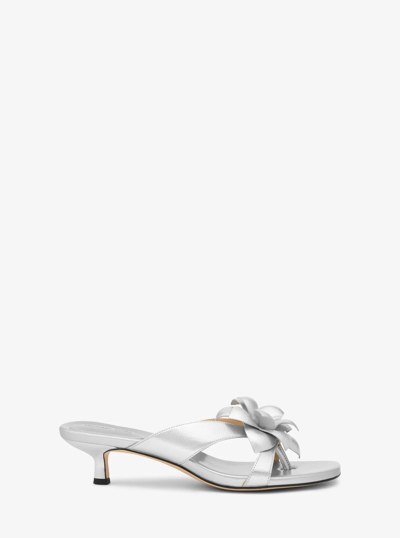 Jacie Floral Embellished Metallic Leather Kitten Heel Sandal in SILVER | Michael Kors