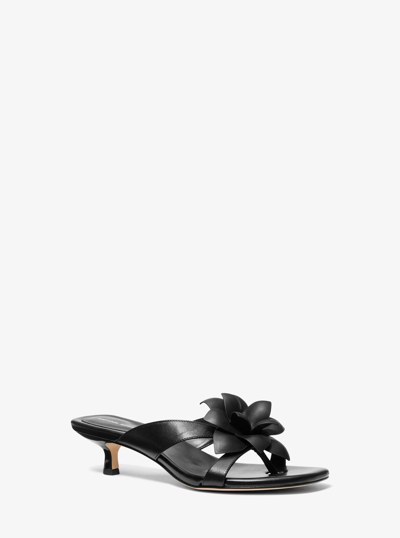 Jacie Floral Embellished Leather Kitten Heel Sandal in BLACK | Michael Kors