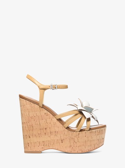 Jacie Floral Embellished Leather Wedge Sandal in PEANUT | Michael Kors