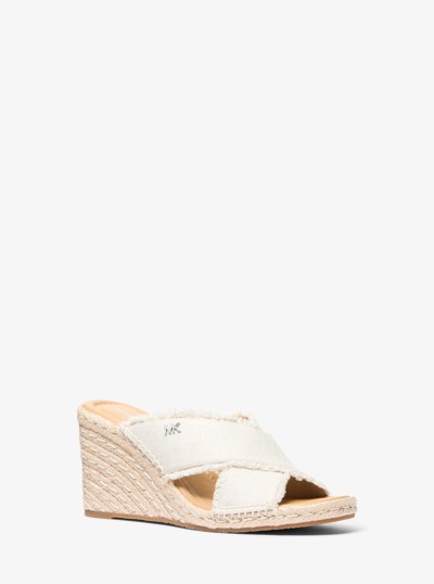 Kenzie Frayed Linen Blend Canvas Wedge Sandal in PALE HEMP | Michael Kors