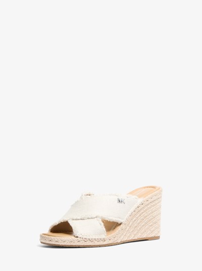 Kenzie Frayed Linen Blend Canvas Wedge Sandal in PALE HEMP | Michael Kors