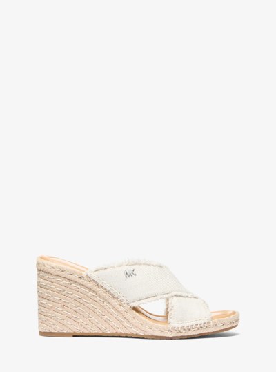 Kenzie Frayed Linen Blend Canvas Wedge Sandal in PALE HEMP | Michael Kors