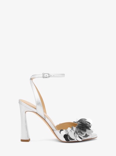 Loretta Sequin Embellished Metallic Sandal in SILVER | Michael Kors