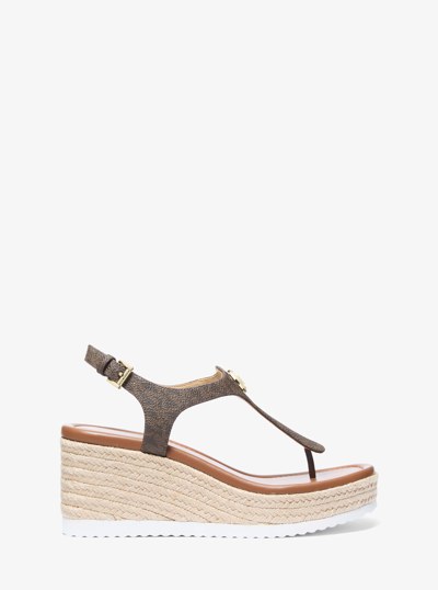 Val Signature Logo Thong Wedge Sandal in BROWN | Michael Kors