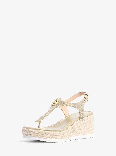 Val Glitter Chain-Mesh Thong Wedge Sandal in PALE GOLD | Michael Kors