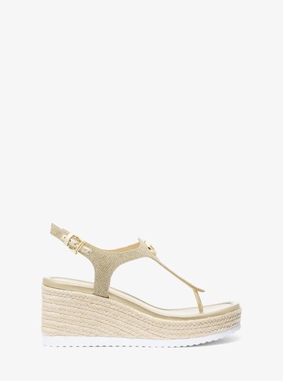 Val Glitter Chain-Mesh Thong Wedge Sandal in PALE GOLD | Michael Kors