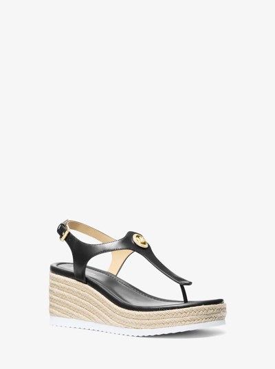 Val Leather Thong Wedge Sandal in BLACK | Michael Kors