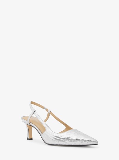 Alora Metallic Snake Embossed Leather Slingback Pump in SILVER | Michael Kors