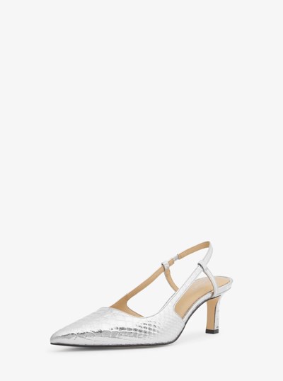 Alora Metallic Snake Embossed Leather Slingback Pump in SILVER | Michael Kors