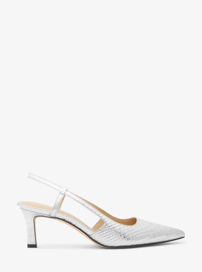 Alora Metallic Snake Embossed Leather Slingback Pump in SILVER | Michael Kors