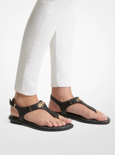 Logo Plate Leather Sandal in BLACK | Michael Kors