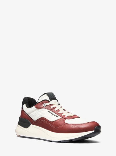 Trevor Leather and Stretch Knit Trainer in DARK BRANDY MULTI | Michael Kors