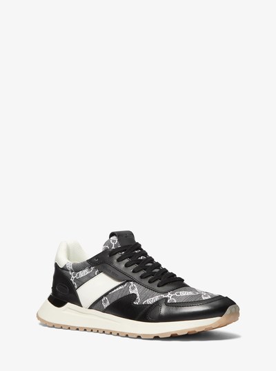 Miles Empire Logo Jacquard and Leather Trainer in BLACK | Michael Kors