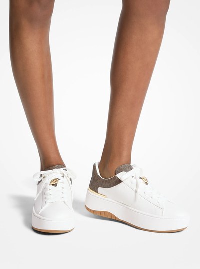 Dottie Signature Logo Trim and Leather Platform Sneaker in BROWN | Michael Kors