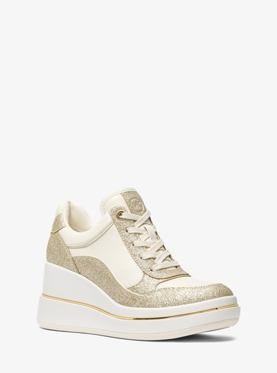 Emmy Signature Logo and Leather Wedge Trainer in PALE GOLD | Michael Kors