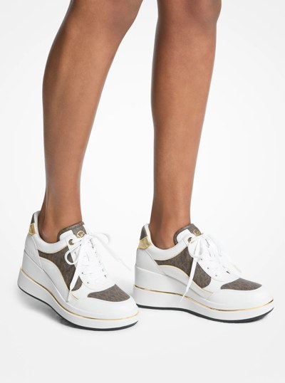 Emmy Signature Logo and Leather Wedge Trainer in BROWN | Michael Kors