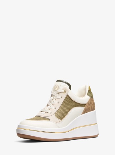 Emmy Leather Calf Hair Wedge Trainer in HUSK MULTI | Michael Kors
