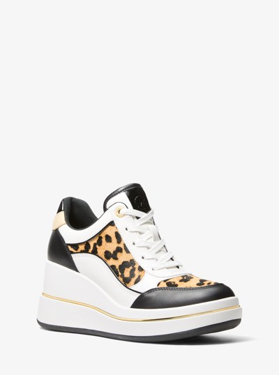 Emmy Leather and Leopard Print Calf Hair Wedge Trainer in MARIGOLD | Michael Kors