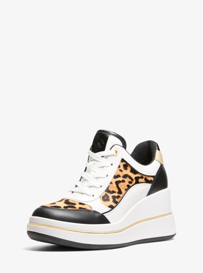 Emmy Leather and Leopard Print Calf Hair Wedge Trainer in MARIGOLD | Michael Kors