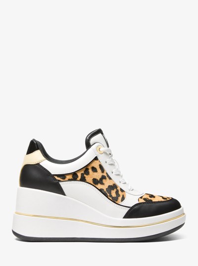 Emmy Leather and Leopard Print Calf Hair Wedge Trainer in MARIGOLD | Michael Kors