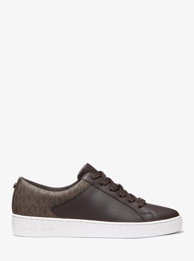 Keaton Leather and Signature Logo Sneaker in BROWN | Michael Kors