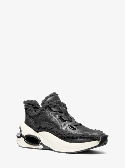 Toni Distressed Leather and Sherpa Trainer in BLACK | Michael Kors