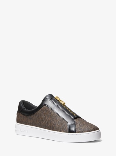 Keaton Signature Logo Zip-Up Sneaker in BROWN | Michael Kors