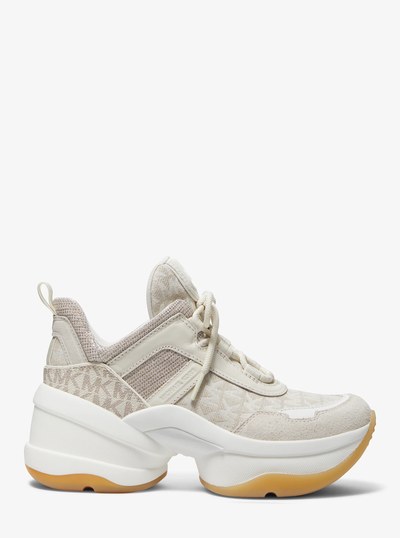 Olympia Logo Jacquard and Glitter Chain-Mesh Trainer in NATURAL COMBO | Michael Kors