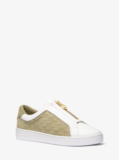 Keaton Logo Embossed Denim and Leather Zip-Up Sneaker