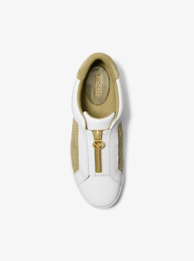 Keaton Logo Embossed Denim and Leather Zip-Up Sneaker