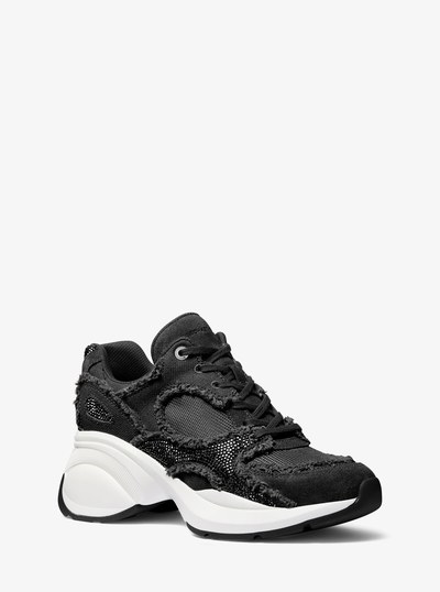 Zuma Embellished Frayed Mixed-Media Trainer in BLACK | Michael Kors