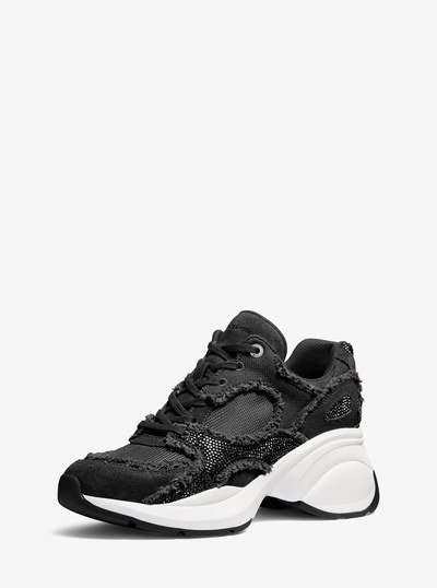 Zuma Embellished Frayed Mixed-Media Trainer in BLACK | Michael Kors